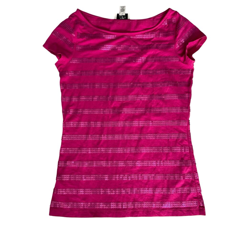 Ann Taylor Loft Pink Tee Top with Pink Sequin Stripes Women XS Casual Shirt